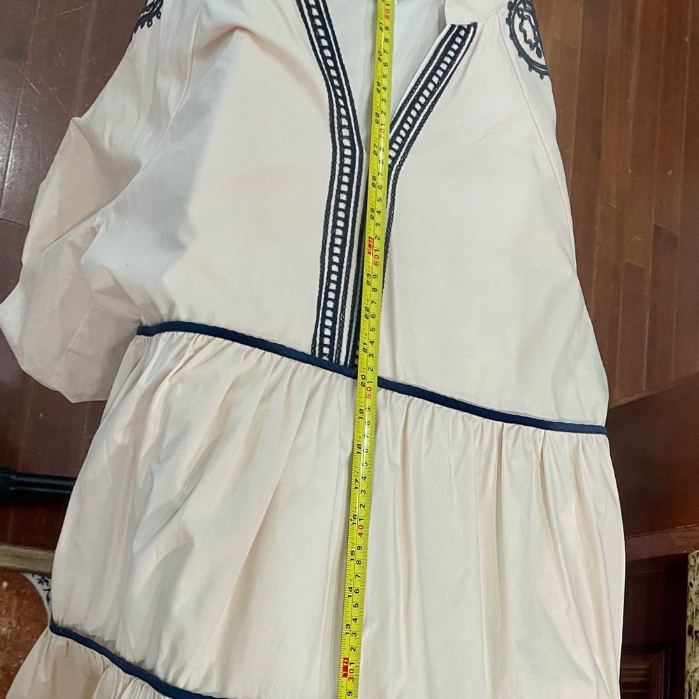 Beige Tiered Embroidered V-Neck Dress with Navy Trim - Picture 4 of 7